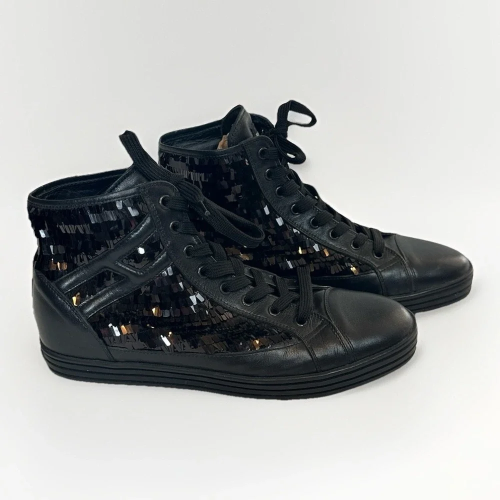 Hogan Rebel Black Metallic Sequin High‎ Top Leather Sneakers Ws Sz 41 US 10.5